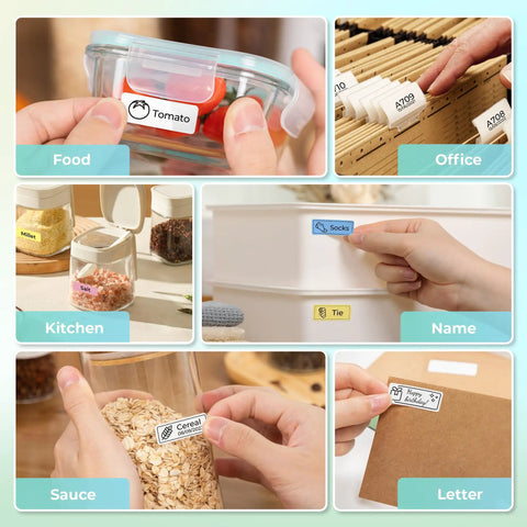 Super Slick Wireless Bluetooth Label Maker With Three Tape Rolls And Protective Case Ultra Compact Pocket Printer organizing food, office, and kitchen items.