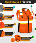 Big Kahuna Hi Vis Safety Vest Class 2 Orange Medium featuring multi utility pockets and breathable mesh, showcasing detailed features.