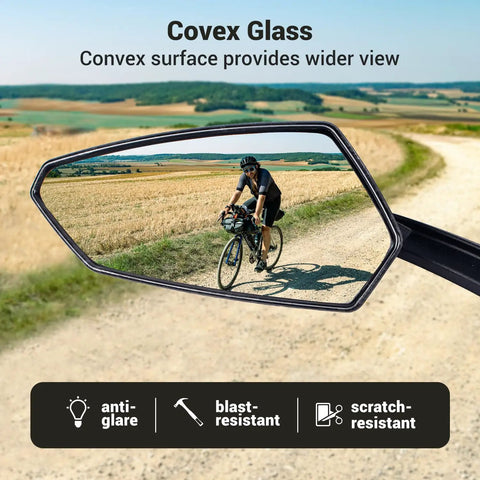 Dope EBike Handlebars Mirror Set reflecting cyclist on rural path, 360 Degree Adjustable Bicycle Rear View Mirrors, black frame