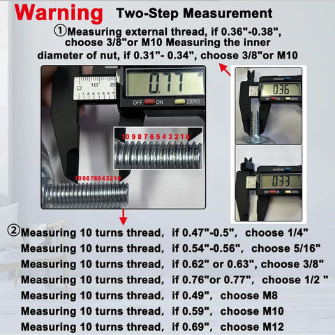 Guide on two-step measurement method for thread sizes with digital caliper readings and instructions for M10 threads.
