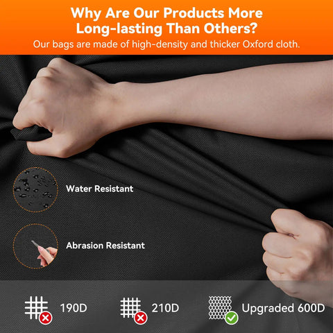 Hands testing durability of Upgrade 600D Oxford fabric, showing water and abrasion resistance for Ultimate SUV Trunk Organizer