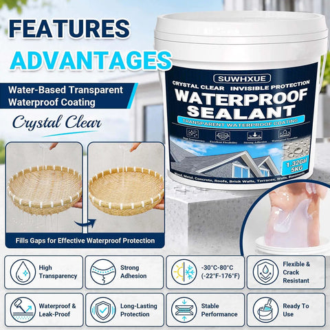 Heavy Duty Clear Waterproof Sealant With No Sweat Leak Repair Coating For Concrete Walls Roofs Metal Wood Solid Flexible Invisible Shield For Indoors Outdoors Trusted Durable Formula in 1.32 gallon container.