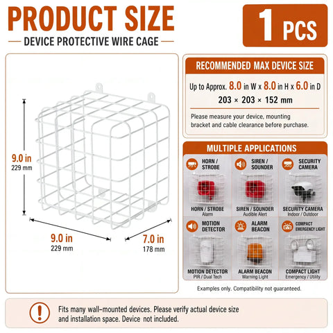 Tough As Nails Steel Wire Damage Stopper Cube Cage For Security Guard Equipment With Included Mounting Hardware shown with dimensions 9x9x7 inches.