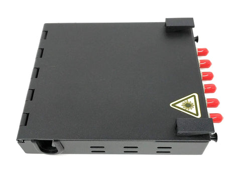 Wall Mount Fiber Enclosure With Spool, Loaded Six Port ST UPC OM1 OM2 Multimode LGX Panel, space-saving design, side view