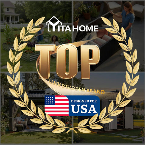 Top lawn and garden brand badge with American flag and gold leaves