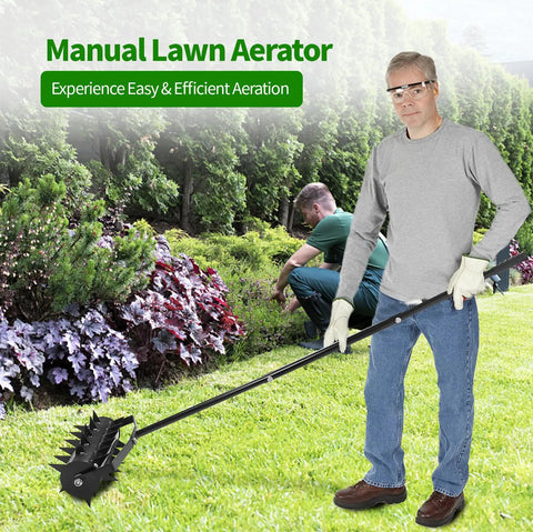 Rolling Lawn Aerator With 18 Inch Roller And 50 Inch Handle Manual Lawn Aerator Tool For Deep Soil Penetration Sturdy Rustproof Metal Frame