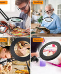 Collage showing 15X Lighted Magnifying Glass With Real Glass Lens; used for repair, reading, carving, and manicure tasks