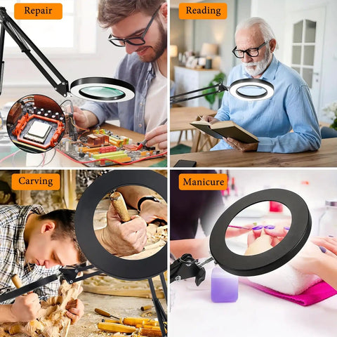 Collage showing 15X Lighted Magnifying Glass With Real Glass Lens; used for repair, reading, carving, and manicure tasks