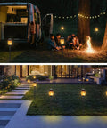 Solar Torch Lights With A Lit Flickering Flame Effect Outdoor Pathway Lights IP65 Waterproof For Garden Patio Yard Landscape Lanterns Auto On Off 10 Pack Easy Install Holiday Christmas Decor beside campfire and garden steps