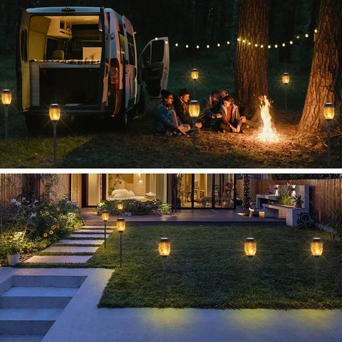 Solar Torch Lights With A Lit Flickering Flame Effect Outdoor Pathway Lights IP65 Waterproof For Garden Patio Yard Landscape Lanterns Auto On Off 10 Pack Easy Install Holiday Christmas Decor beside campfire and garden steps