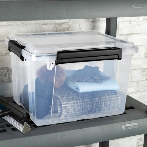Built Like A Tank 34 Quart Gasket Storage Boxes With Lids Heavy Duty Plastic Bins for organizing clothes and gear on a shelf.