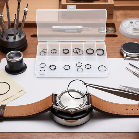 Watch O Ring Gasket Set With 18 Types Of Rubber Sealing Rings For Back Cover Repair Includes 0.5mm And 0.6mm Sizes Durable Silicone Rubber DIY Watch Repair Tool Kit For Handy Gearheads on desk with tweezers and tools