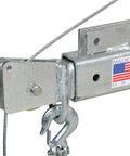 Smooth Operator DC Powered Jib Crane With Galvanized Build And Telescoping Boom close-up of hook and frame with steel cable.