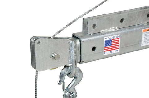 Smooth Operator DC Powered Jib Crane With Galvanized Build And Telescoping Boom close-up of hook and frame with steel cable.