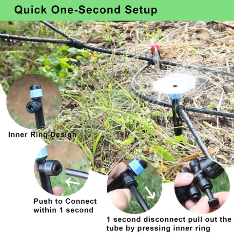 Drip Irrigation Kit 250 Feet With Quick Connect Micro System For Gardens And Lawns showing setup and misting sprayers