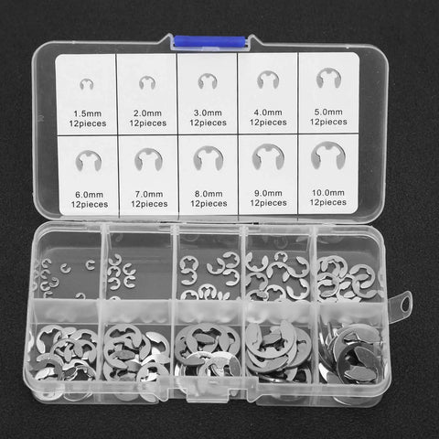 Durable Stainless Steel E Clip Assortment Kit 120 Pcs External Retaining Rings Set With Storage Box Includes 1.5 2.5 3 4 5 6 7 8 9 10 Mm Sizes For Shaft Fasteners Oil Resistant And Heat Treated