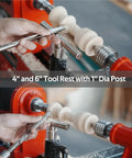 Straight Tool Rest Set For Wood Lathe With 4 6 9 12 Inch Tool Rests Interchangeable Five Eighth Inch And One Inch Stems Fits Most Lathes Nickel Finish Tighten Locating Sleeve For Precise Woodturning Pro Grade Quality, 4 and 6 inch tool rests with 1 inch diameter post in use on lathe