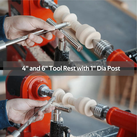 Straight Tool Rest Set For Wood Lathe With 4 6 9 12 Inch Tool Rests Interchangeable Five Eighth Inch And One Inch Stems Fits Most Lathes Nickel Finish Tighten Locating Sleeve For Precise Woodturning Pro Grade Quality, 4 and 6 inch tool rests with 1 inch diameter post in use on lathe