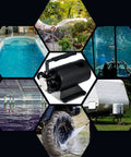 Collage showing Portable 12V Water Transfer Pump 330 GPH Self Priming Electric Sump Pump With Suction Hose Attachment Workhorse.
