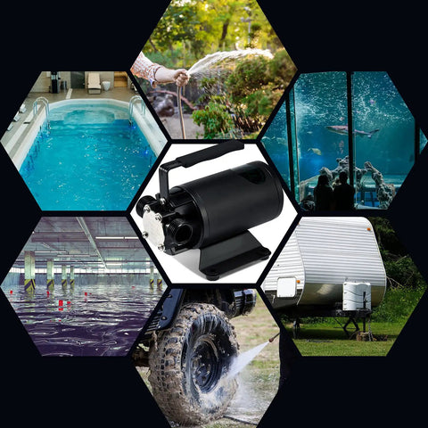 Collage showing Portable 12V Water Transfer Pump 330 GPH Self Priming Electric Sump Pump With Suction Hose Attachment Workhorse.