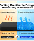 Comparison between memory foam and Double Thick Gel Seat Cushion For All Day Comfort And Pressure Relief For Back Sciatica Coccyx And Tailbone Pain Ideal For Office Chairs Wheelchairs Cars Trucks And Patio Seating Egg Seat Pad highlighting cooling design.