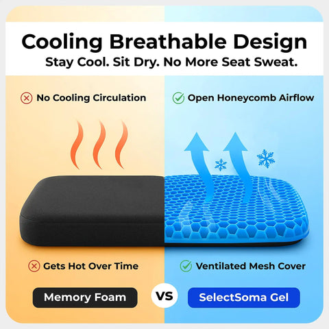 Comparison between memory foam and Double Thick Gel Seat Cushion For All Day Comfort And Pressure Relief For Back Sciatica Coccyx And Tailbone Pain Ideal For Office Chairs Wheelchairs Cars Trucks And Patio Seating Egg Seat Pad highlighting cooling design.