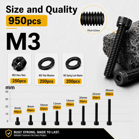 Workhorse M3 Screws Assortment Kit With 950 Pieces, including hex nuts, flat washers, and spring lock washers.