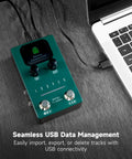 40 Slot Looper Guitar Pedal With 160 Minutes Loop Time Dual Footswitch Screen Stereo Output Fade Out USB Data Management Built For Electric Guitar And Bass Perfect For Epic Live Jams next to laptop showing USB connection
