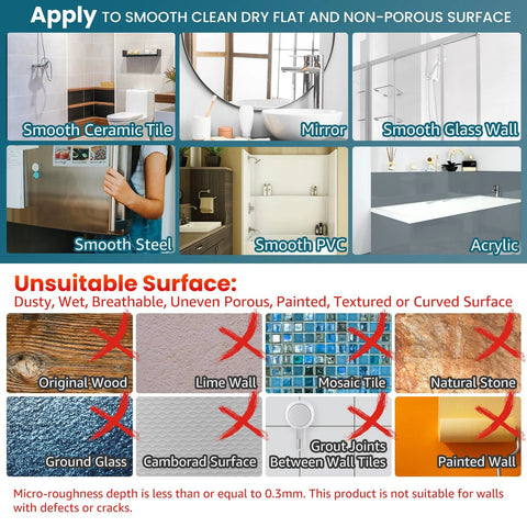 Image showing suitable surfaces for 2 Pack Suction Cup Shower Razor And Bathroom Accessory Holder, including ceramic, steel, PVC, and unsuitable surfaces like wood, mosaic.