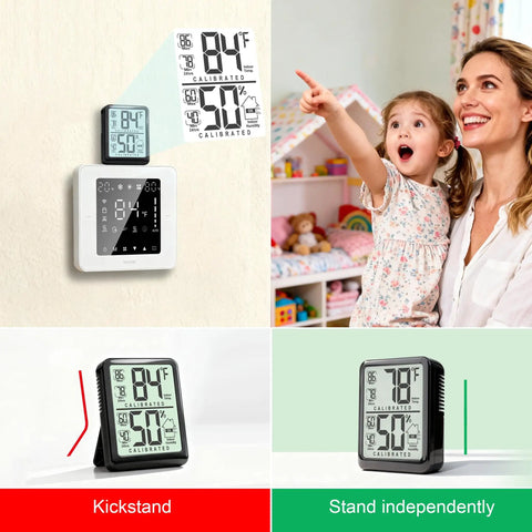 Two Pack Indoor Room Thermometer And Hygrometer With Real Time Temperature Humidity Readings Max Min Record Compact Desk Stand Smart No Fuss Home Office Nursery And Greenhouse Monitoring on wall and stand