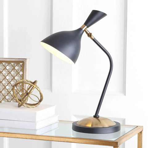 Dope Retro Mid Century LED Table Lamp With Adjustable Task Light, Black Iron Shade, Black And Gold Finish, ETL Listed JYL9065A on desk