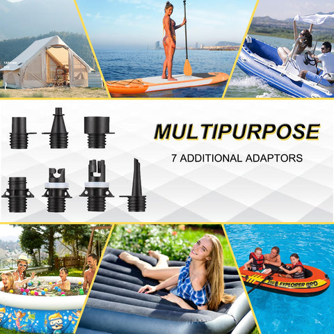 Collage of Electric Portable Paddle Board Pump For SUP With Auto Off And 20 PSI Beast Power Air Compressor and usage scenarios