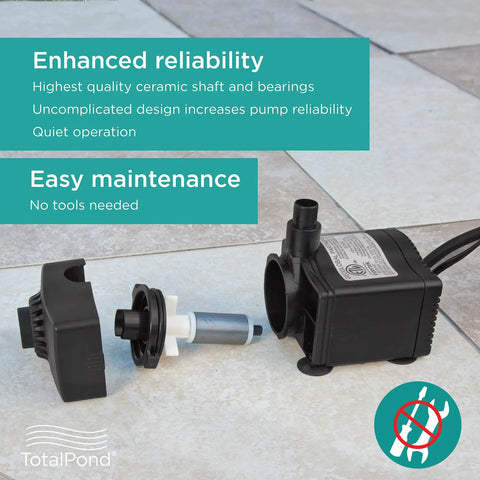 400 GPH Low Water Auto Shut Off Fountain Pump With LED Light for 3 To 5 Feet Fountains, disassembled view on tile floor