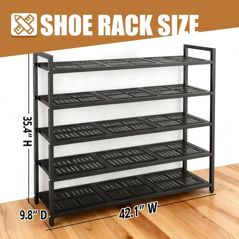 Heavy Duty Metal Shoe Shelf For Up To 30 Pairs, measures 35.4"H x 42.1"W x 9.8"D, designed for shoe organization.