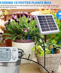 Smart Auto Drip Irrigation System For 15 Potted Plants, Self Watering Waterer, solar panel in garden setting