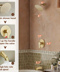Fresh Gold Tub And Shower Faucet Fixture Set Featuring Dope Six Inch Rain Shower Head Plus Top Shelf Solid Brass Valves For Slick Bathroom Upgrades And Easy DIY Installations with measurements and spout.