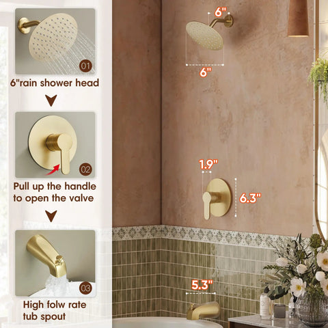 Fresh Gold Tub And Shower Faucet Fixture Set Featuring Dope Six Inch Rain Shower Head Plus Top Shelf Solid Brass Valves For Slick Bathroom Upgrades And Easy DIY Installations with measurements and spout.