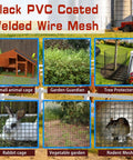 Black PVC Coated Welded Wire Mesh for critter-proof yard setup, showcasing rabbit cage, vegetable garden, and tree protector.