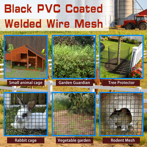 Black PVC Coated Welded Wire Mesh for critter-proof yard setup, showcasing rabbit cage, vegetable garden, and tree protector.