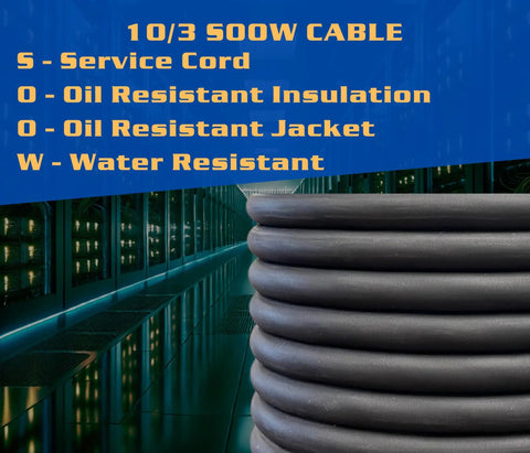 Heavy Duty Nine Foot 10 Awg Soow Power Cable With Safety Listing For Ev Chargers Motor Leads And Jobsite Gear, close-up of coiled cable.