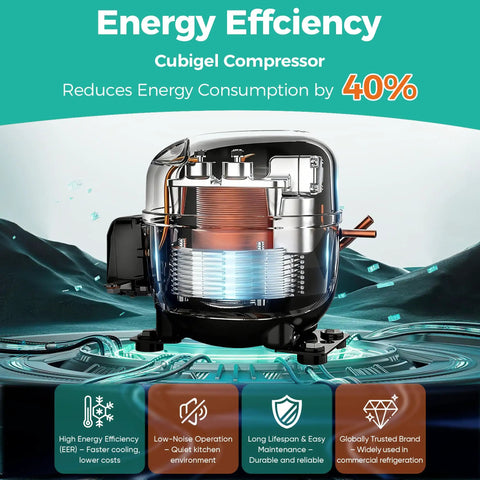 Energy efficient Cubigel compressor for Top Shelf Heavy Duty Commercial Upright Freezer With Four Solid Doors And Slick Stainless Steel Construction 44.5 Cu Ft.