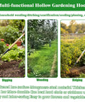 Multifunctional hollow gardening hoe images showing digging, weeding, and ridging in garden. Hollow Hoe Garden Tool With 55 Inch Steel Handle For Weeding And Planting Sharp Edge Weed Puller For Backyards And Farms Easy Clean Hollow Design That Keeps Soil From Clinging And Makes Weeding A Quick Workhorse Job displayed.