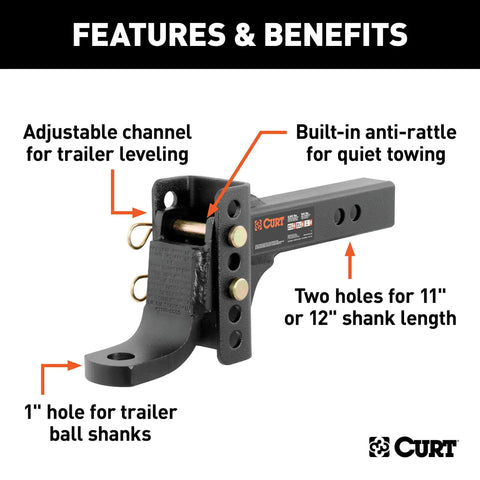 Beefed Up Adjustable Trailer Hitch Ball Mount for 2 Inch Receivers with Six and Three Quarter Inch Drop and Five and Quarter Inch Rise