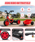 12V Kids Ride On Electric Tricycle With Stable Triangular Frame And Low Center Of Gravity, Adjustable Seat, Wide EVA Wheels, LED Headlight, Removable Storage Basket, Safe Easy Grip Pedals For Young Riders, red kids tricycle side view