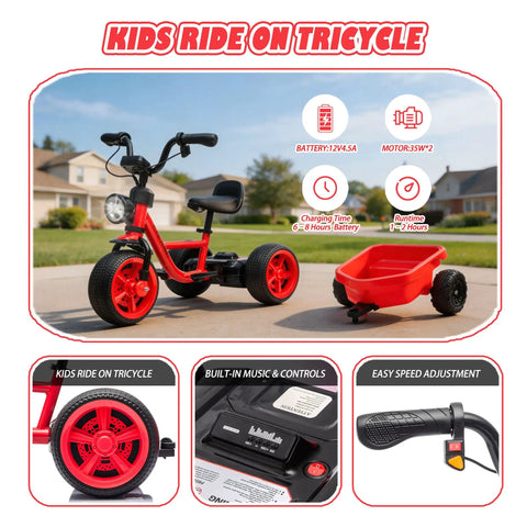 12V Kids Ride On Electric Tricycle With Stable Triangular Frame And Low Center Of Gravity, Adjustable Seat, Wide EVA Wheels, LED Headlight, Removable Storage Basket, Safe Easy Grip Pedals For Young Riders, red kids tricycle side view