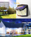 Outdoor Solar Motion Lights 128 LEDs 8 Pack, 270 Degree Wide Angle on house wall, showing solar efficiency and lighting time