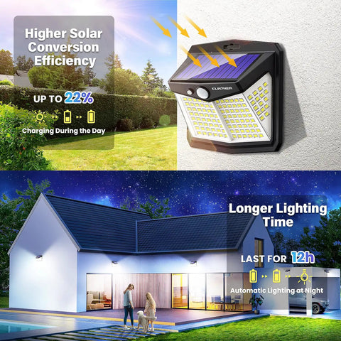 Outdoor Solar Motion Lights 128 LEDs 8 Pack, 270 Degree Wide Angle on house wall, showing solar efficiency and lighting time