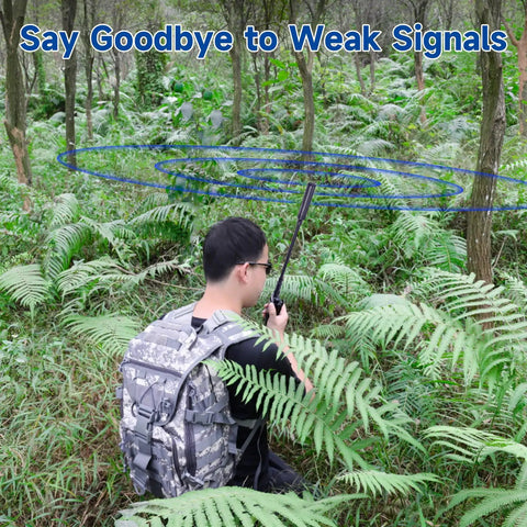 Person using High Gain Ham Radio Antenna Gooseneck Pro 3.5 dBi VHF UHF 136 174 400 520 MHz in forest, tactical setup