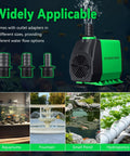 Forty Watt Ultra Quiet Fountain Submersible Pump with up to 800 GPH Flow and 10 Ft Lift, 3 nozzles image showing pump and uses