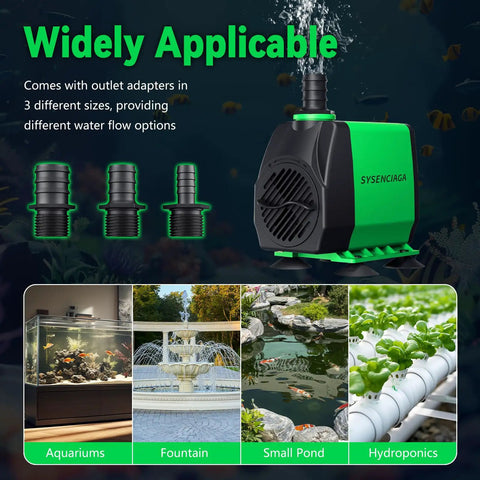 Forty Watt Ultra Quiet Fountain Submersible Pump with up to 800 GPH Flow and 10 Ft Lift, 3 nozzles image showing pump and uses